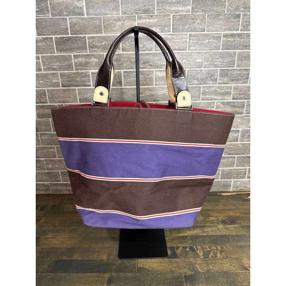 Kate Spade New York Striped Canvas Tote Bag Brown Purple Leather Trim Large